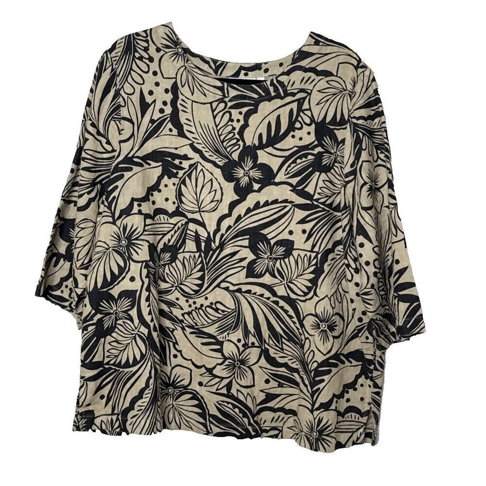 Hot Cotton Marc Ware 1X 100% Linen Shirt Top Tan Black Floral Lagenlook USA